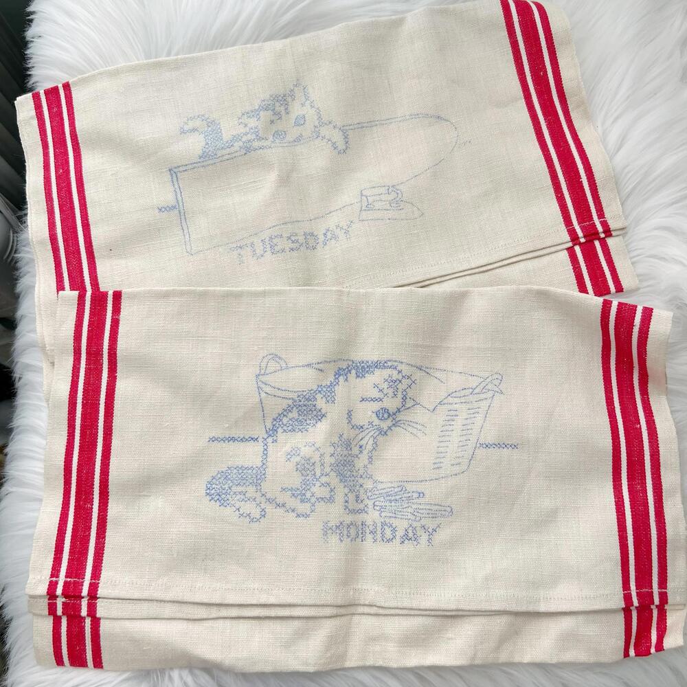 Lot of 2 Cat Kitten embroidery-ready kitchen towels Monday & Tuesday